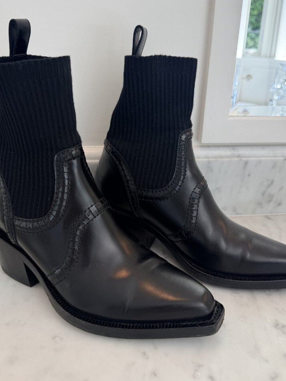 Chloé Nellie Western Sock Ankle Boots Black Leather Knit Size 38 US 8